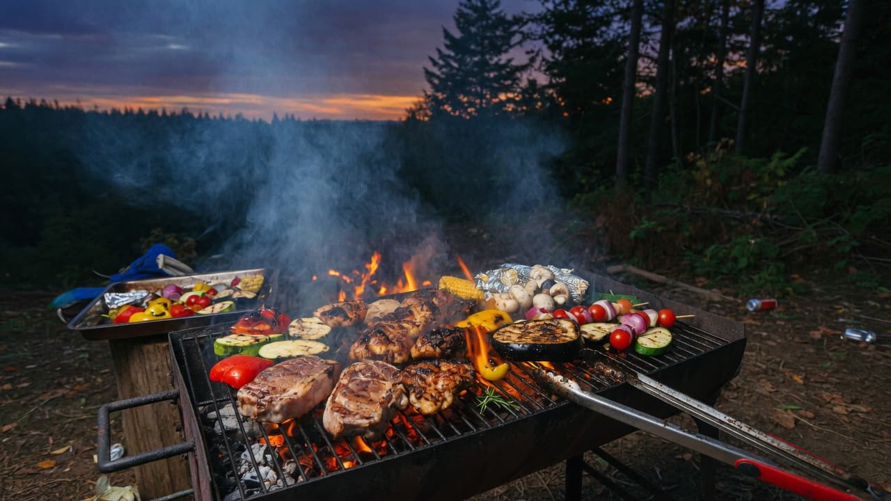 Мясо и овощи на мангале во время выездного BBQ