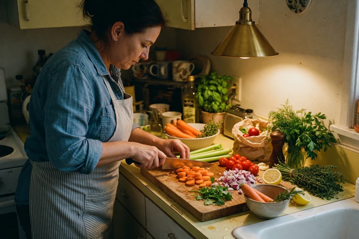 Повар нарезает продукты на домашней кухне